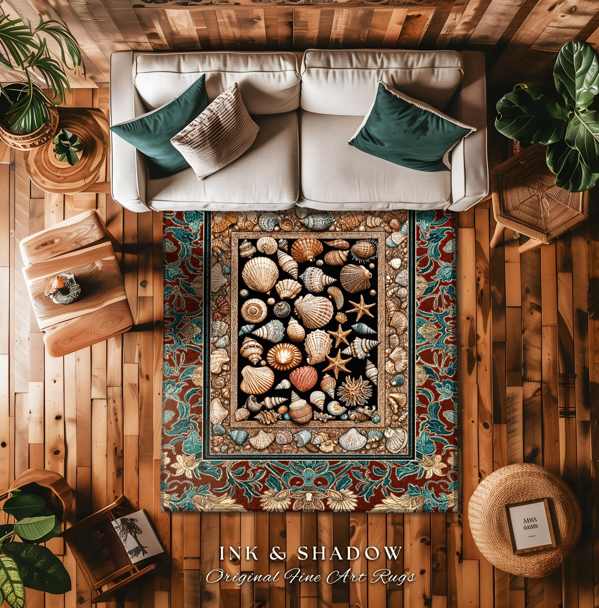 Maximalist Coastal Seashell Area Rug | Ocean Aesthetic Home Accent Starfish Sea Life Decor Nautical Beach House Vintage Cottagecore Style |