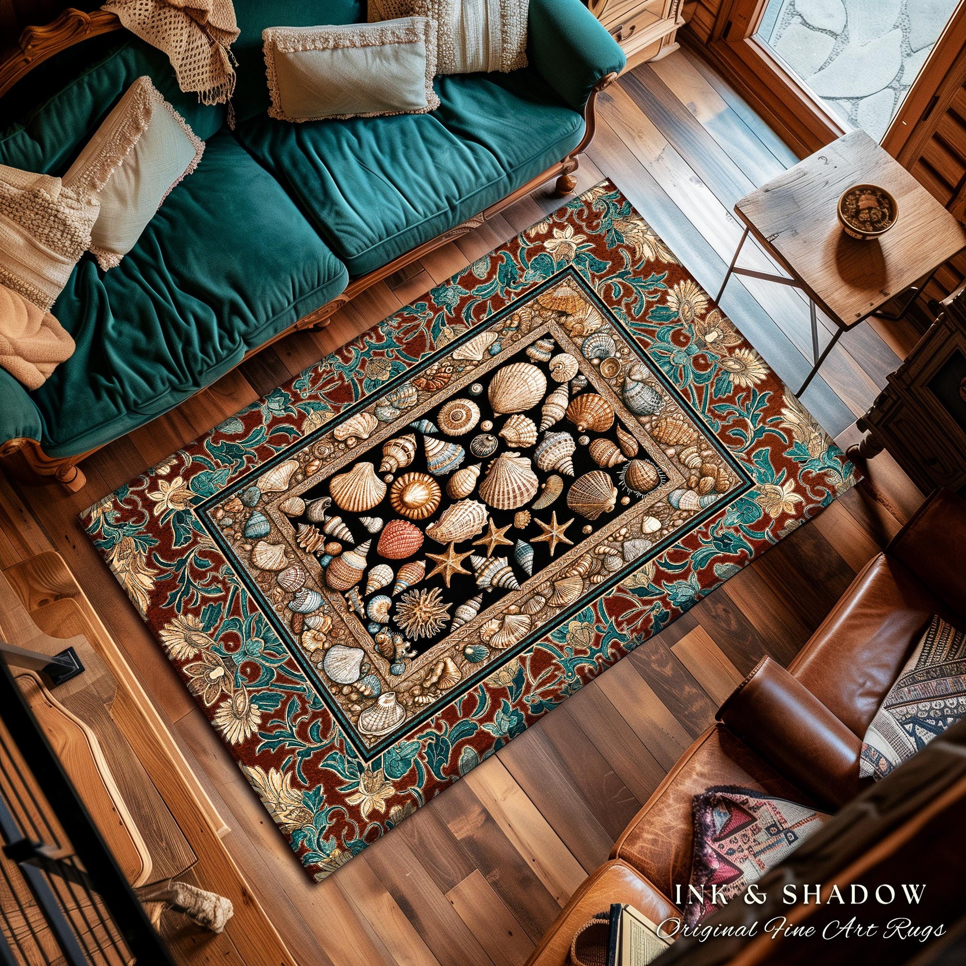 Maximalist Coastal Seashell Area Rug | Ocean Aesthetic Home Accent Starfish Sea Life Decor Nautical Beach House Vintage Cottagecore Style |