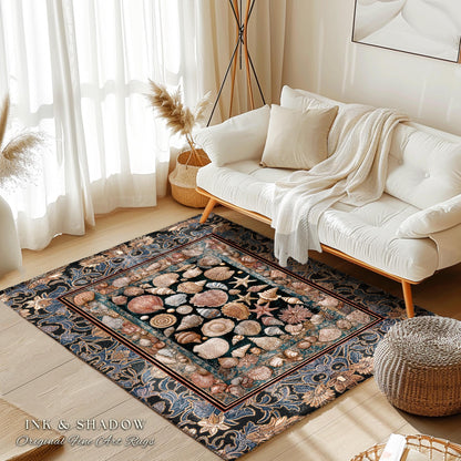 Elegant Art Nouveau Seashell Area Rug | Ocean Inspired Mermaidcore Decor Baroque Nautical Fantasy Marine Home Accent Rustic Coastal Style |