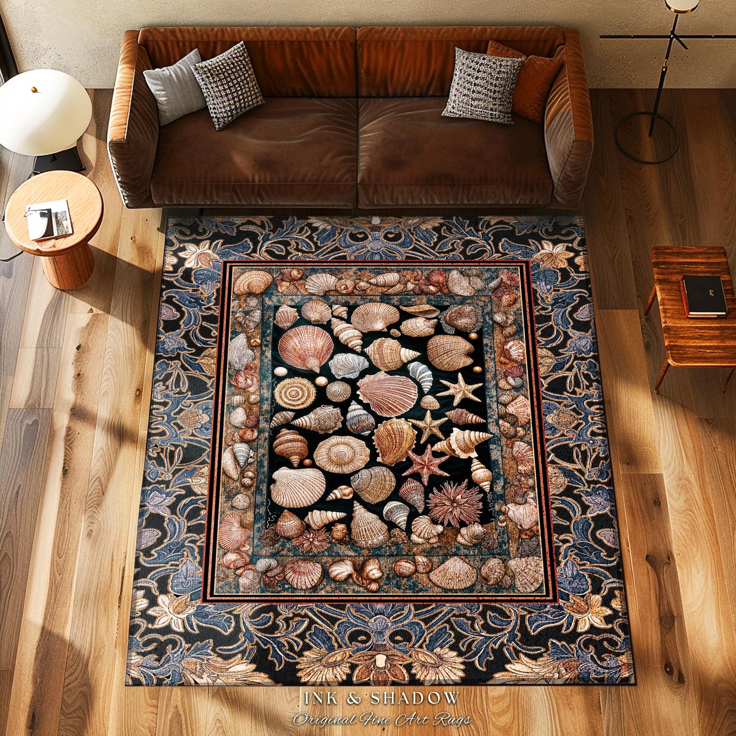Elegant Art Nouveau Seashell Area Rug | Ocean Inspired Mermaidcore Decor Baroque Nautical Fantasy Marine Home Accent Rustic Coastal Style |