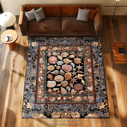 Elegant Art Nouveau Seashell Area Rug | Ocean Inspired Mermaidcore Decor Baroque Nautical Fantasy Marine Home Accent Rustic Coastal Style |