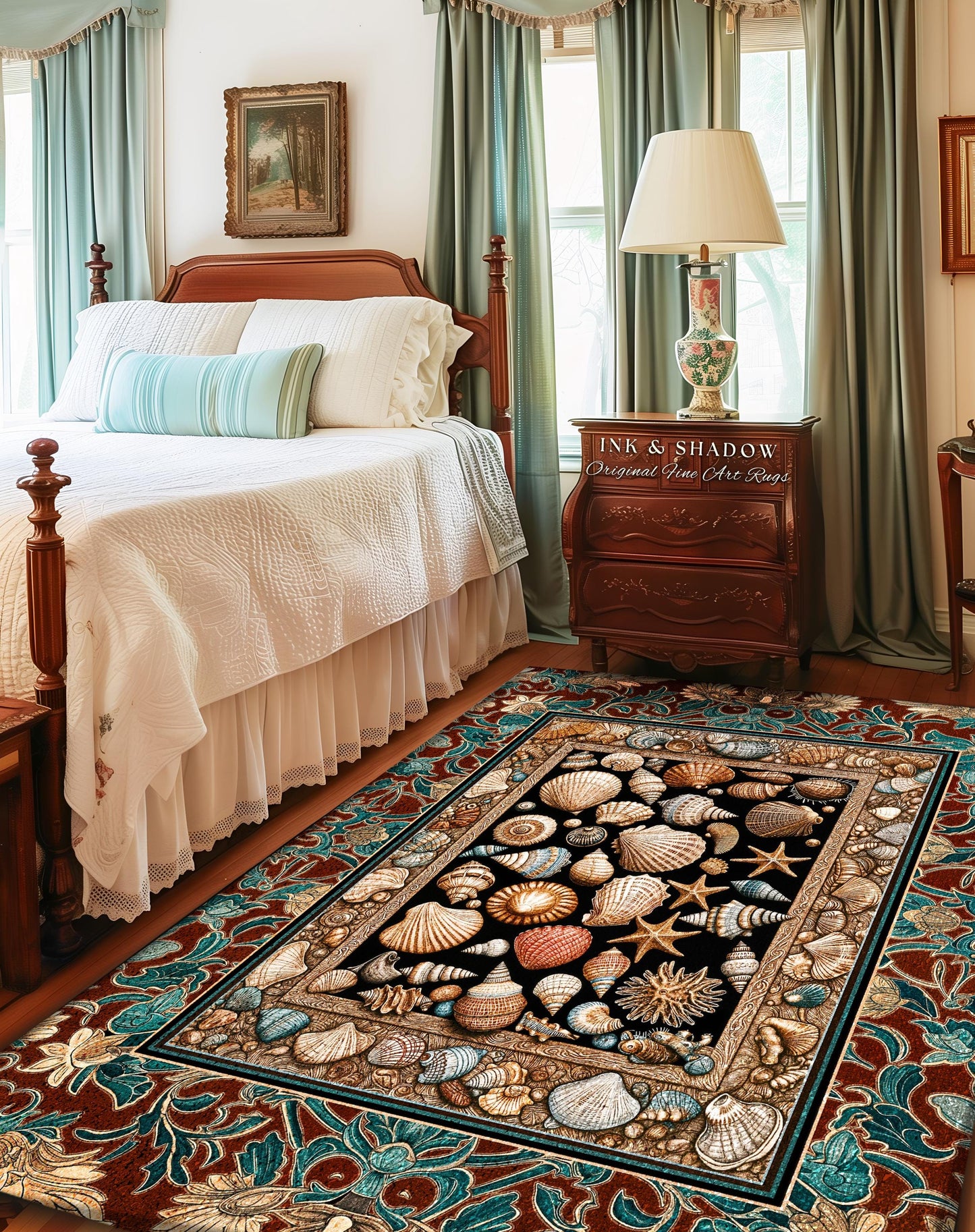 Maximalist Coastal Seashell Area Rug | Ocean Aesthetic Home Accent Starfish Sea Life Decor Nautical Beach House Vintage Cottagecore Style |