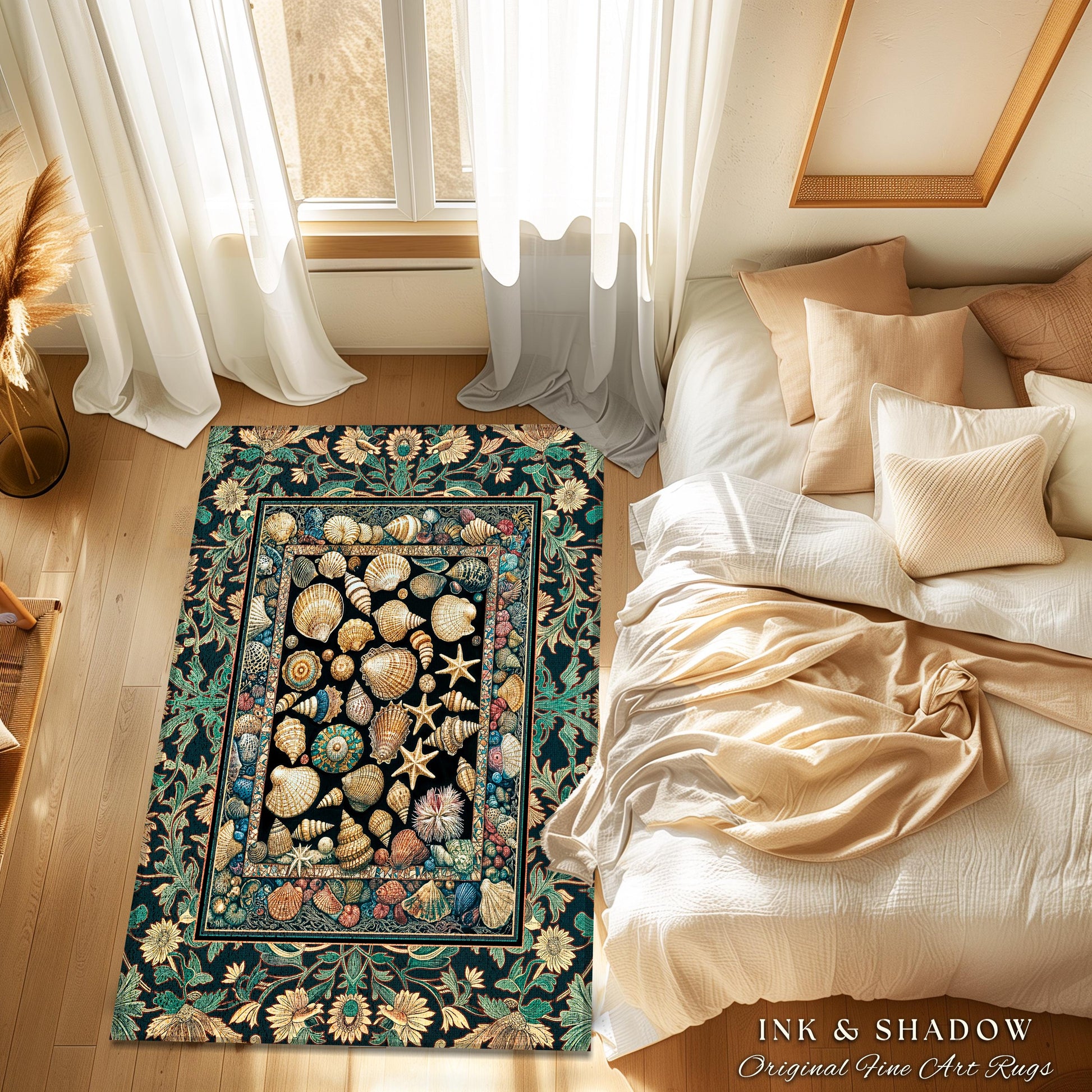 Under the Sea Woven Seashell Rug | Nautical Art Mermaidcore Decor Marine Life Coastal Art Shell Pattern Ocean Aesthetic Beach Cottage Style