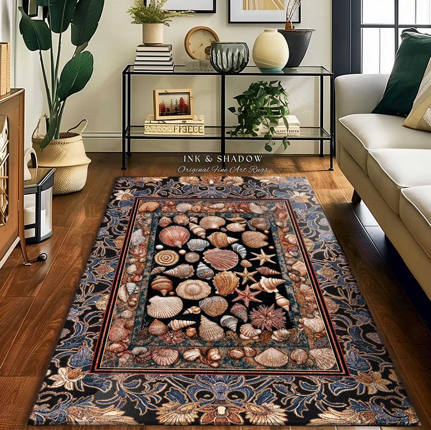Elegant Art Nouveau Seashell Area Rug | Ocean Inspired Mermaidcore Decor Baroque Nautical Fantasy Marine Home Accent Rustic Coastal Style |