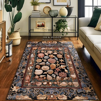 Elegant Art Nouveau Seashell Area Rug | Ocean Inspired Mermaidcore Decor Baroque Nautical Fantasy Marine Home Accent Rustic Coastal Style |