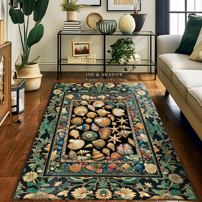 Under the Sea Woven Seashell Rug | Nautical Art Mermaidcore Decor Marine Life Coastal Art Shell Pattern Ocean Aesthetic Beach Cottage Style