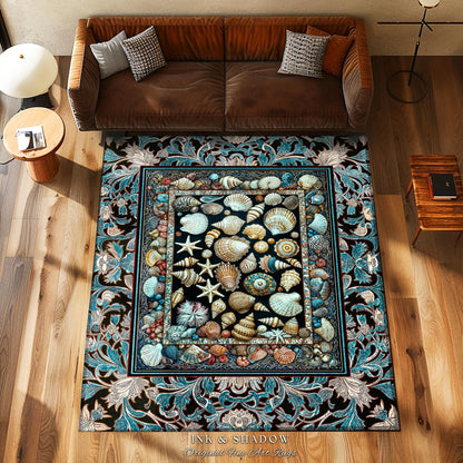 Ocean Theme Coastal Area Rug | Beachy Cottage Nautical Theme Seashell Art Vintage Mermaidcore Marine Life Bedroom Accent Rug Eclectic Decor