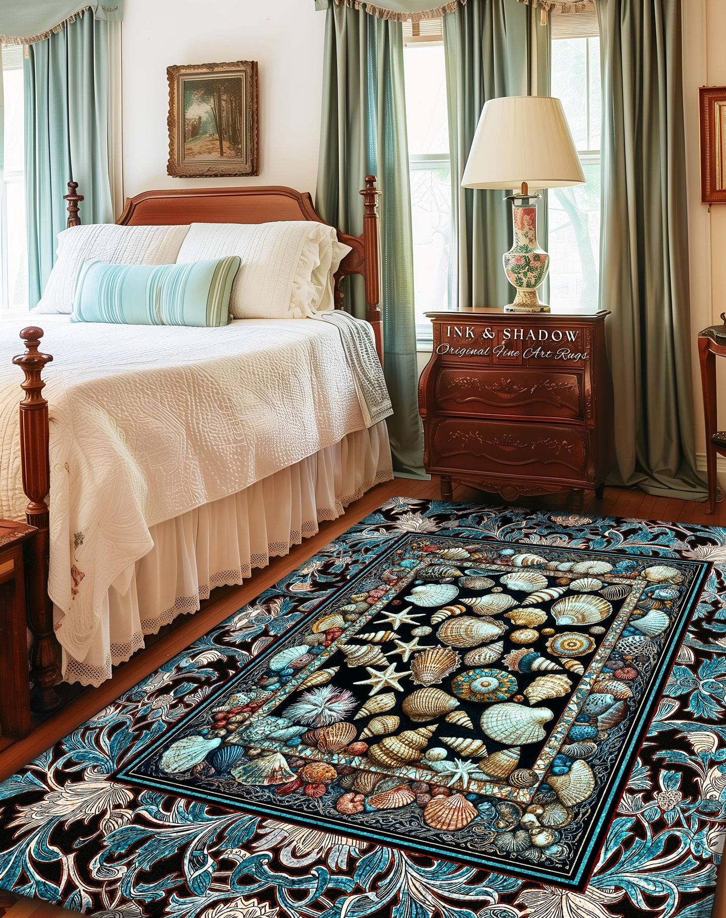 Ocean Theme Coastal Area Rug | Beachy Cottage Nautical Theme Seashell Art Vintage Mermaidcore Marine Life Bedroom Accent Rug Eclectic Decor