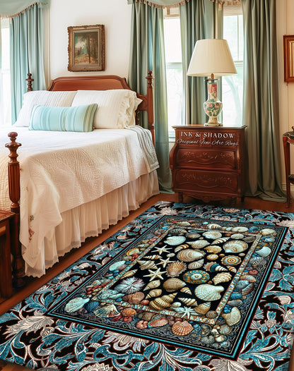 Ocean Theme Coastal Area Rug | Beachy Cottage Nautical Theme Seashell Art Vintage Mermaidcore Marine Life Bedroom Accent Rug Eclectic Decor