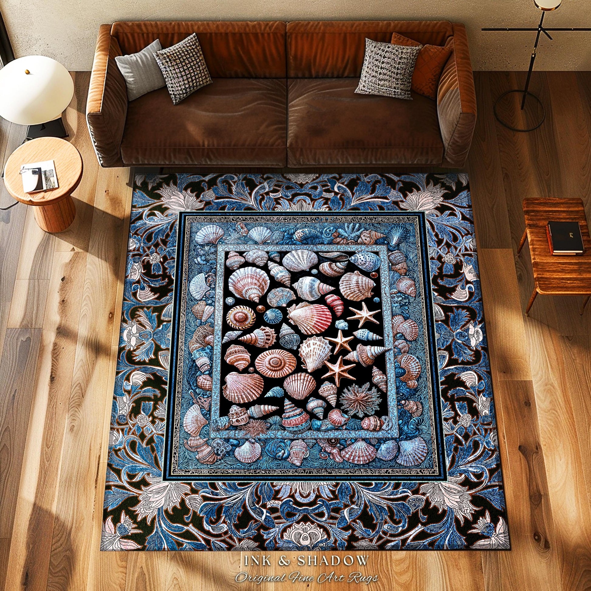 Pastel Seashell Coastal Bedroom Rug | Beach House Nautical Decor Ocean Inspired Home Accent Marine Life Aesthetic Starfish Crustacean Style