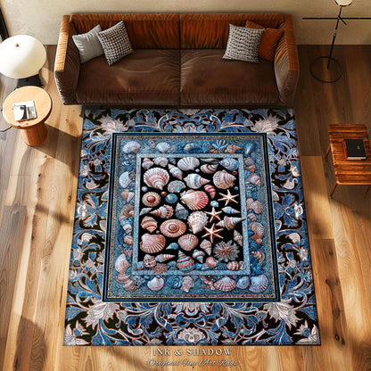 Pastel Seashell Coastal Bedroom Rug | Beach House Nautical Decor Ocean Inspired Home Accent Marine Life Aesthetic Starfish Crustacean Style