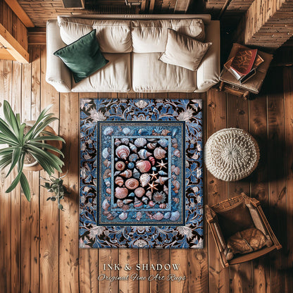 Pastel Seashell Coastal Bedroom Rug | Beach House Nautical Decor Ocean Inspired Home Accent Marine Life Aesthetic Starfish Crustacean Style