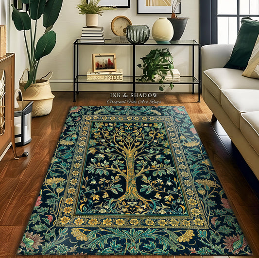 Elegant Cool Toned Tree Area Rug | Enchanted Bohemian Decor Ornate Botanical Accent Romantic Maximalist Gothic Style Living Room Carpet |