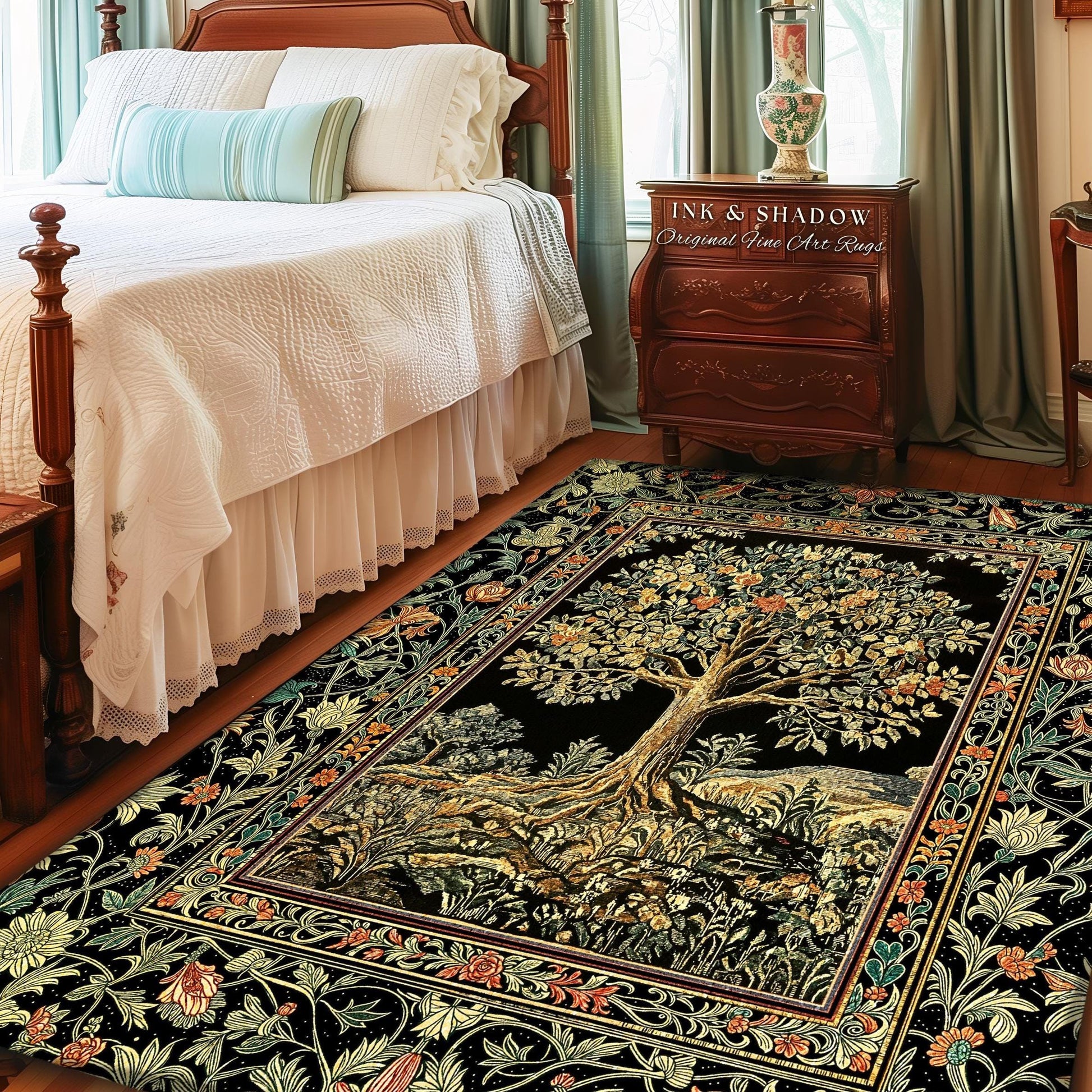 Regal Woodland Tree Rug | Floral Heritage Decor Rug Parisian Style Gothic Cottagecore Aesthetic Traditional Living Room Accent Chateaucore
