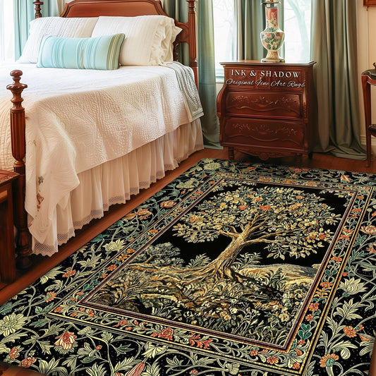 Regal Woodland Tree Rug | Floral Heritage Decor Rug Parisian Style Gothic Cottagecore Aesthetic Traditional Living Room Accent Chateaucore