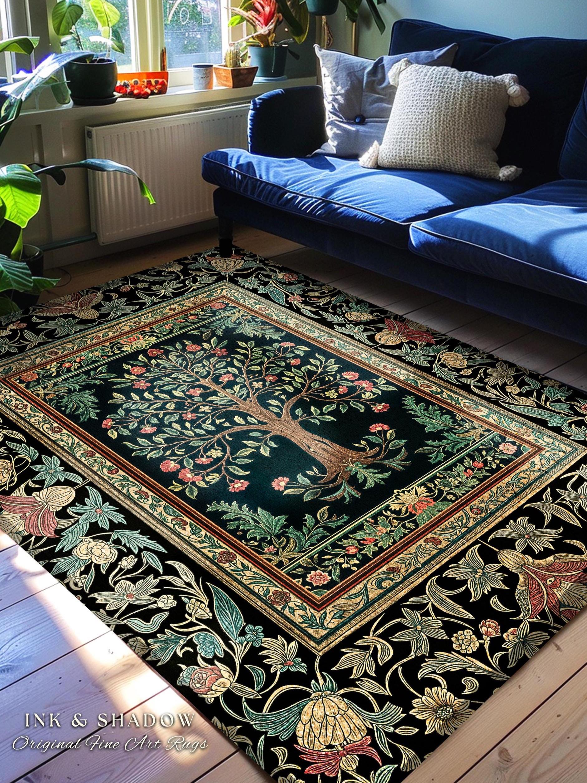 Medieval Folk Art Dark Floral Rug | Ornate Tree of Life Morris Style Fairytale Folklore Cottagecore Botanical Bedroom Decor Jewel Tones |