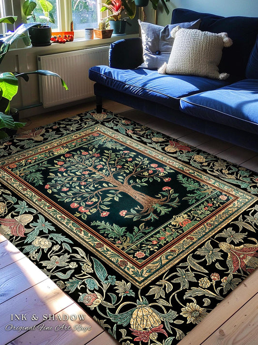 Medieval Folk Art Dark Floral Rug | Ornate Tree of Life Morris Style Fairytale Folklore Cottagecore Botanical Bedroom Decor Jewel Tones |