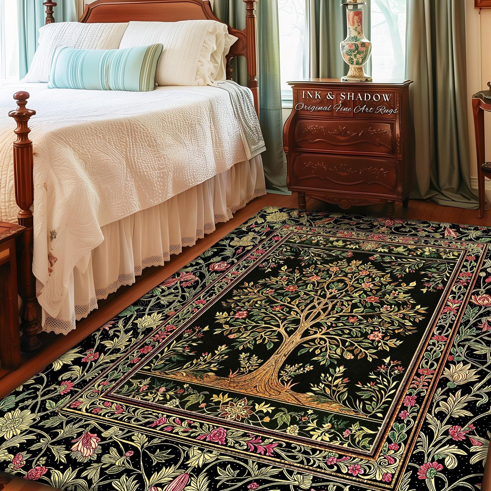 Art Nouveau Maximalist Tree Rug | Ornate Botanical Accent Rug Tree of Life Motif Medieval Floral Pattern Romantic Style Morris Inspired |