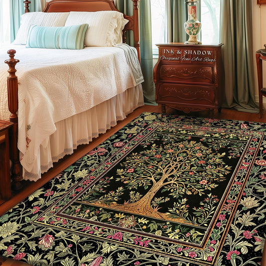 Art Nouveau Maximalist Tree Rug | Ornate Botanical Accent Rug Tree of Life Motif Medieval Floral Pattern Romantic Style Morris Inspired |