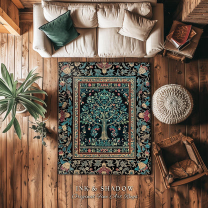 Mystic Ornamental Morris Inspired Tree Rug | Cool Tones Botanical Design Fairytale Floral Art Romantic Aesthetic Rococo Cottagecore Accent