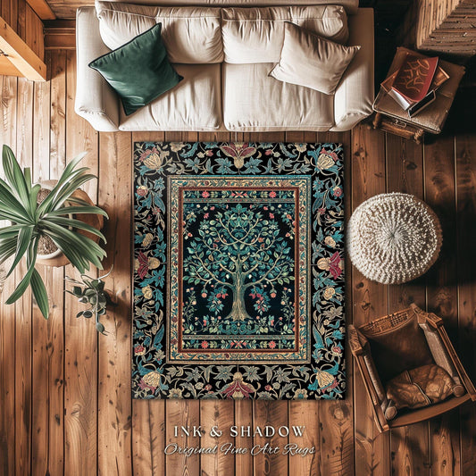 Mystic Ornamental Morris Inspired Tree Rug | Cool Tones Botanical Design Fairytale Floral Art Romantic Aesthetic Rococo Cottagecore Accent