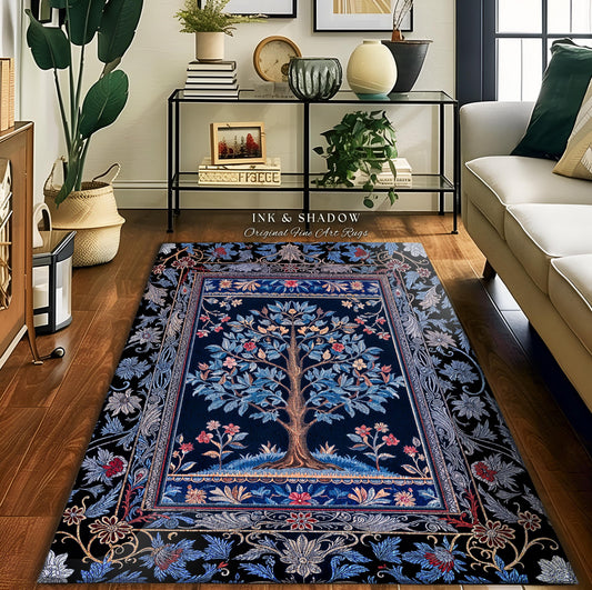 Dark Woodland Rich Baroque Tree of Life Rug | Intricate Garden Decor Romantic Baroque Floral Accent Morris Inspired Woodland Folk Art Style