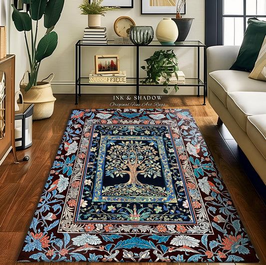 Indie Eclectic Medieval Tree of Life Rug | Baroque Botanical Bedroom Maximalist Floral Decor Folklore Inspired Design Cottagecore Bedroom |