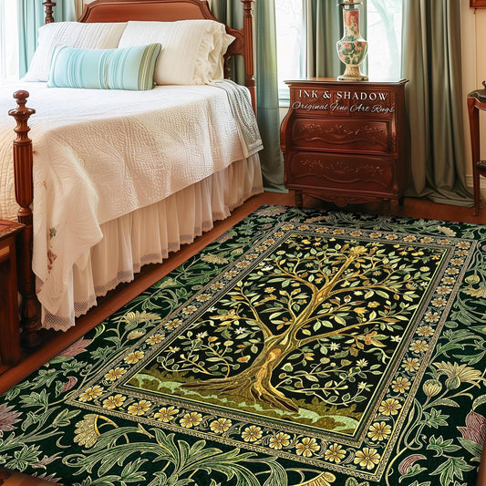 Golden Aesthetic Tree of Life Rug | Emerald Botanical Decor Romantic Folklore Gothic Tapestry Style Vintage Floral Maximalist Home Accent |