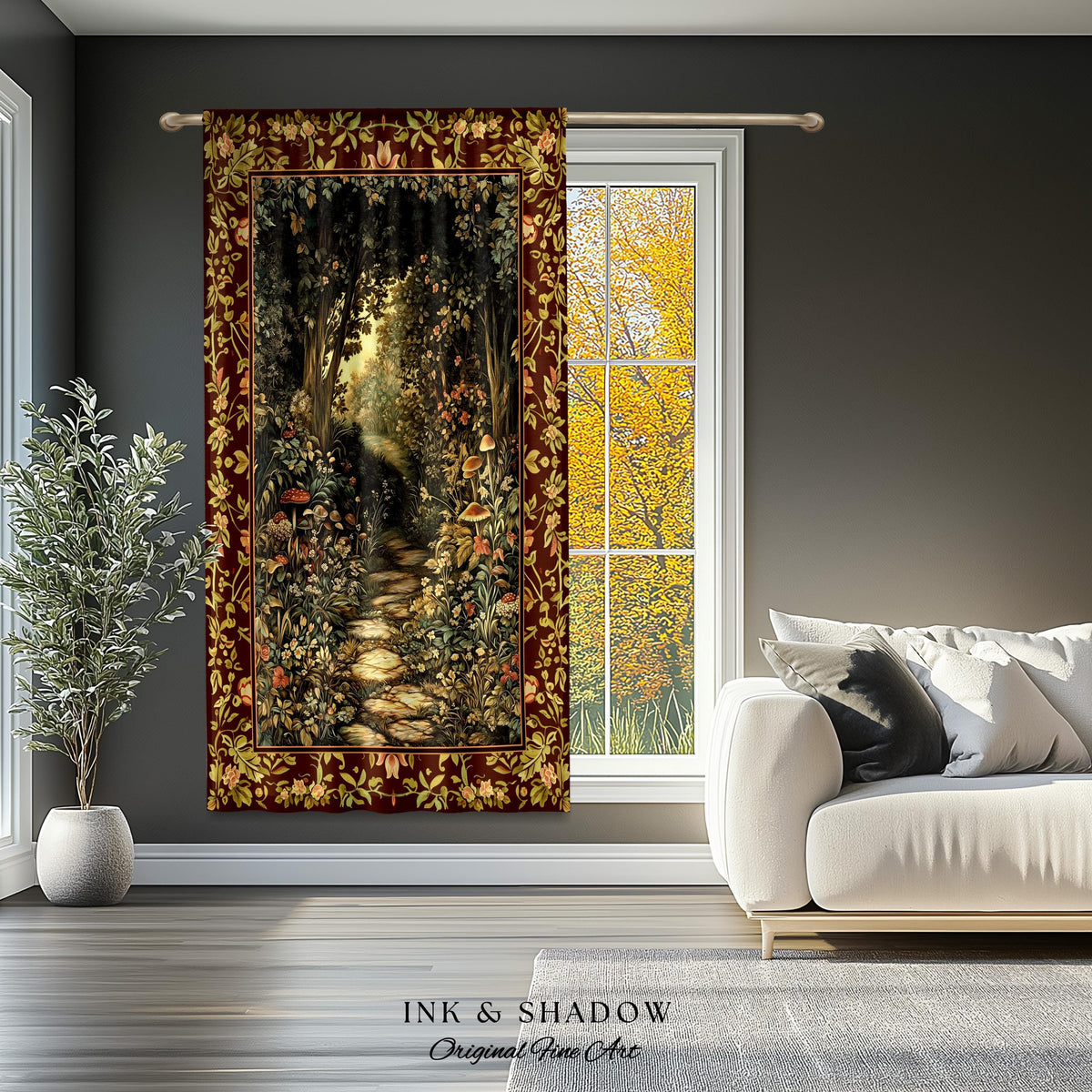 May include: A tapestry with a red background and gold trim. The tapestry depicts a path through a forest with green trees and foliage. The path is made of stone and leads to a clearing in the distance. The tapestry is hanging on a wall in a room with a window and a white couch.