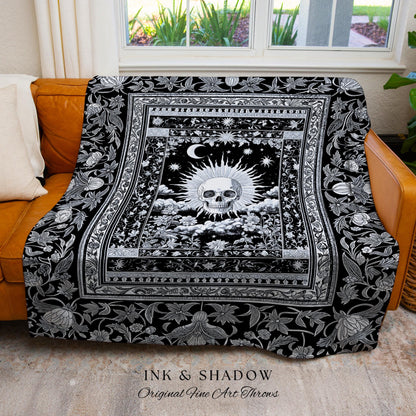 Retro Greyscale Skull Woven Throw | Tarot Aesthetic Dark Academia Whimsigoth Baroque Spooky Macabre Design Gothic Tapestry Blanket Witchy |