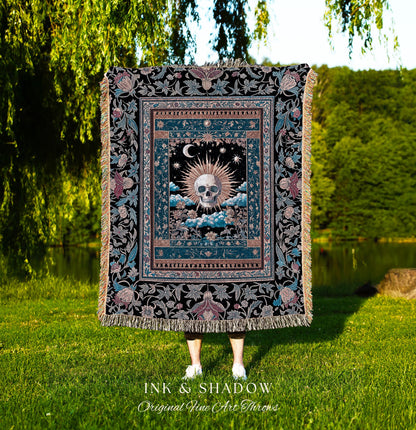 Retro Spooky Skull Tarot Blanket Decor | Fall Aesthetic Woven Throw Gothiccore Cozy Dark Academia Vibe Whimsigoth Rustic Halloween Tapestry