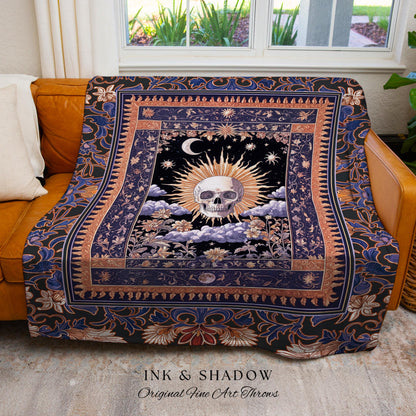Macabre Witchy Pastel Skull Blanket | Gothic Woven Skeleton Throw Spooky Bedding Dark Enchantment Baroque Tapestry Whimsigoth Style Bedroom