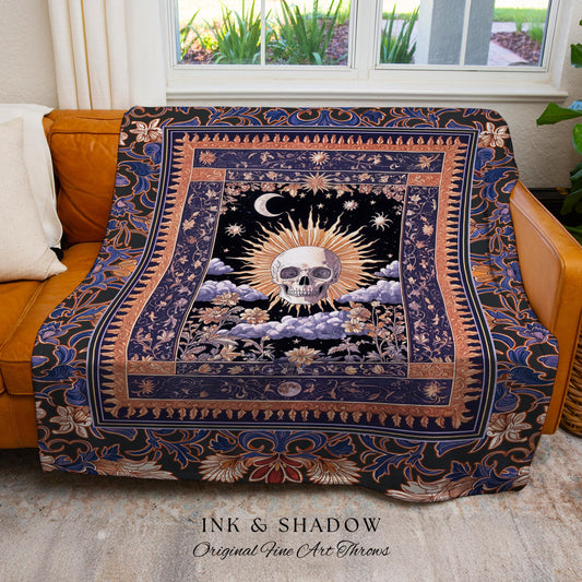 Macabre Witchy Pastel Skull Blanket | Gothic Woven Skeleton Throw Spooky Bedding Dark Enchantment Baroque Tapestry Whimsigoth Style Bedroom