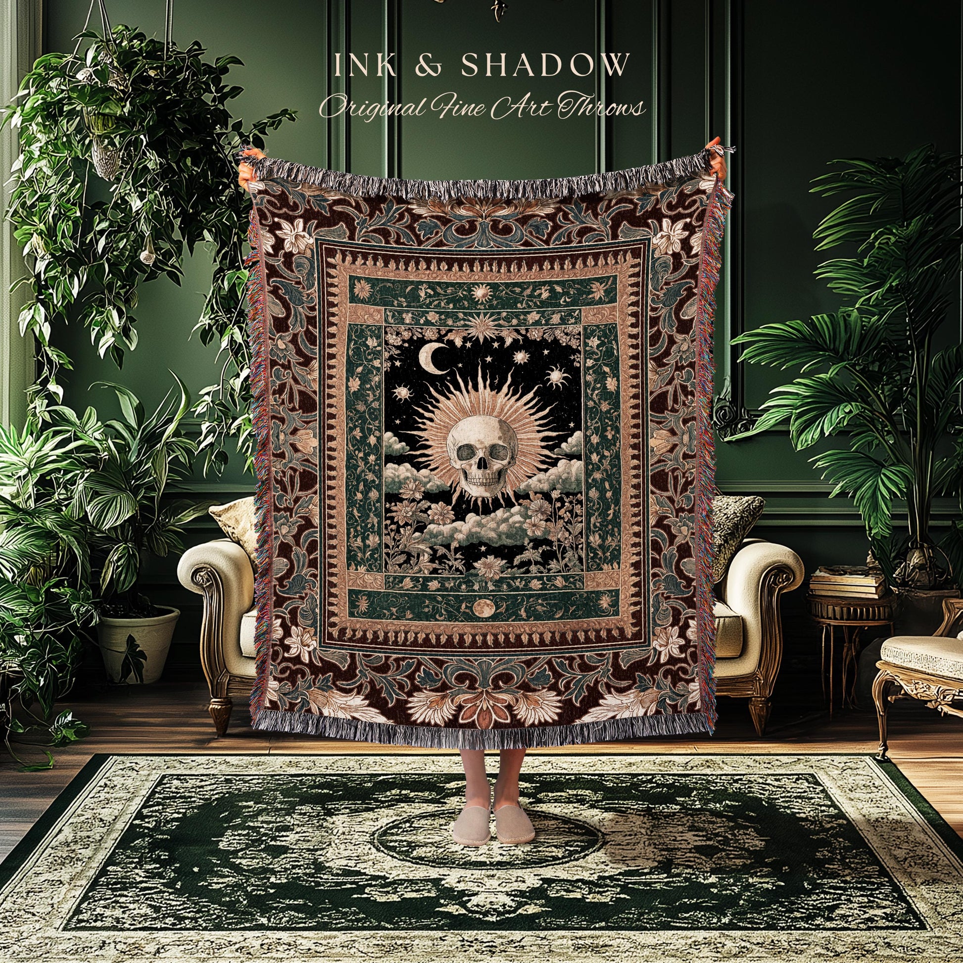 Indie Aesthetic Skull Woven Blanket | Macabre Woven Wall Tapestry Retro Skull Decor Witchy Autumn Vibe Halloween Dark Academia Gift Gothic |