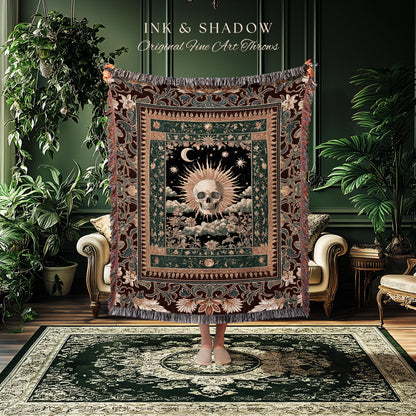 Indie Aesthetic Skull Woven Blanket | Macabre Woven Wall Tapestry Retro Skull Decor Witchy Autumn Vibe Halloween Dark Academia Gift Gothic |