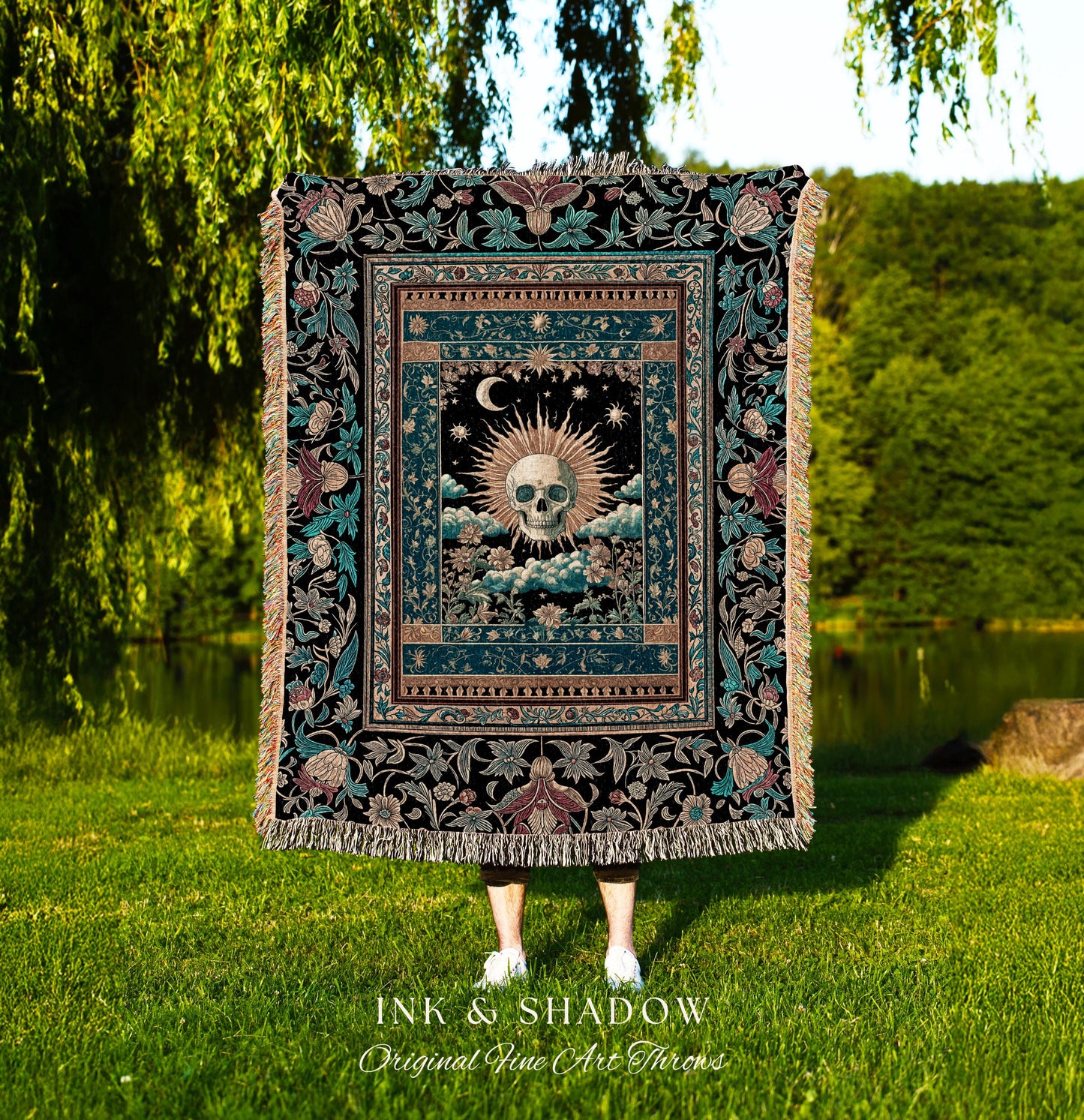 Gothic Bohemian Skull Witchy Woven Throw | Wiccan Aesthetic Halloween Vibes Dark Academia Woven Wall Tapestry Baroque Spooky Season Decor |