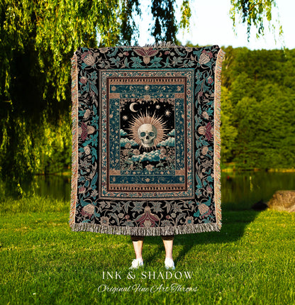 Gothic Bohemian Skull Witchy Woven Throw | Wiccan Aesthetic Halloween Vibes Dark Academia Woven Wall Tapestry Baroque Spooky Season Decor |
