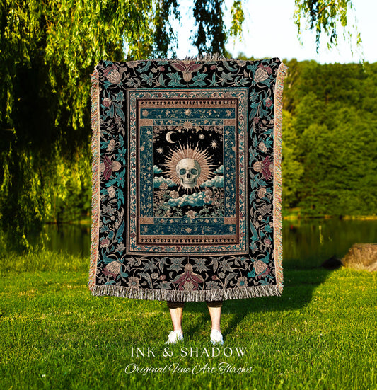 Gothic Bohemian Skull Witchy Woven Throw | Wiccan Aesthetic Halloween Vibes Dark Academia Woven Wall Tapestry Baroque Spooky Season Decor |