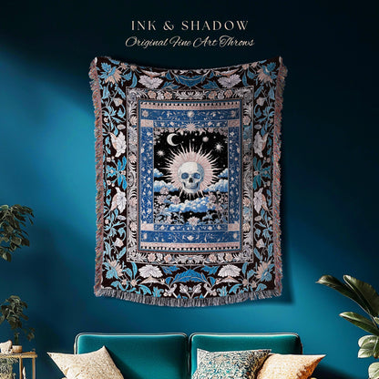 Witchy Mystic Aesthetic Tapestry | Violet Floral Gothic Fringe Skull Woven Throw Tarot Style Witch Goblincore Gothic Blanket Bedroom Decor
