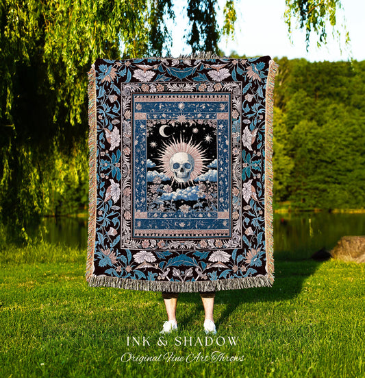 Witchy Mystic Aesthetic Tapestry | Violet Floral Gothic Fringe Skull Woven Throw Tarot Style Witch Goblincore Gothic Blanket Bedroom Decor