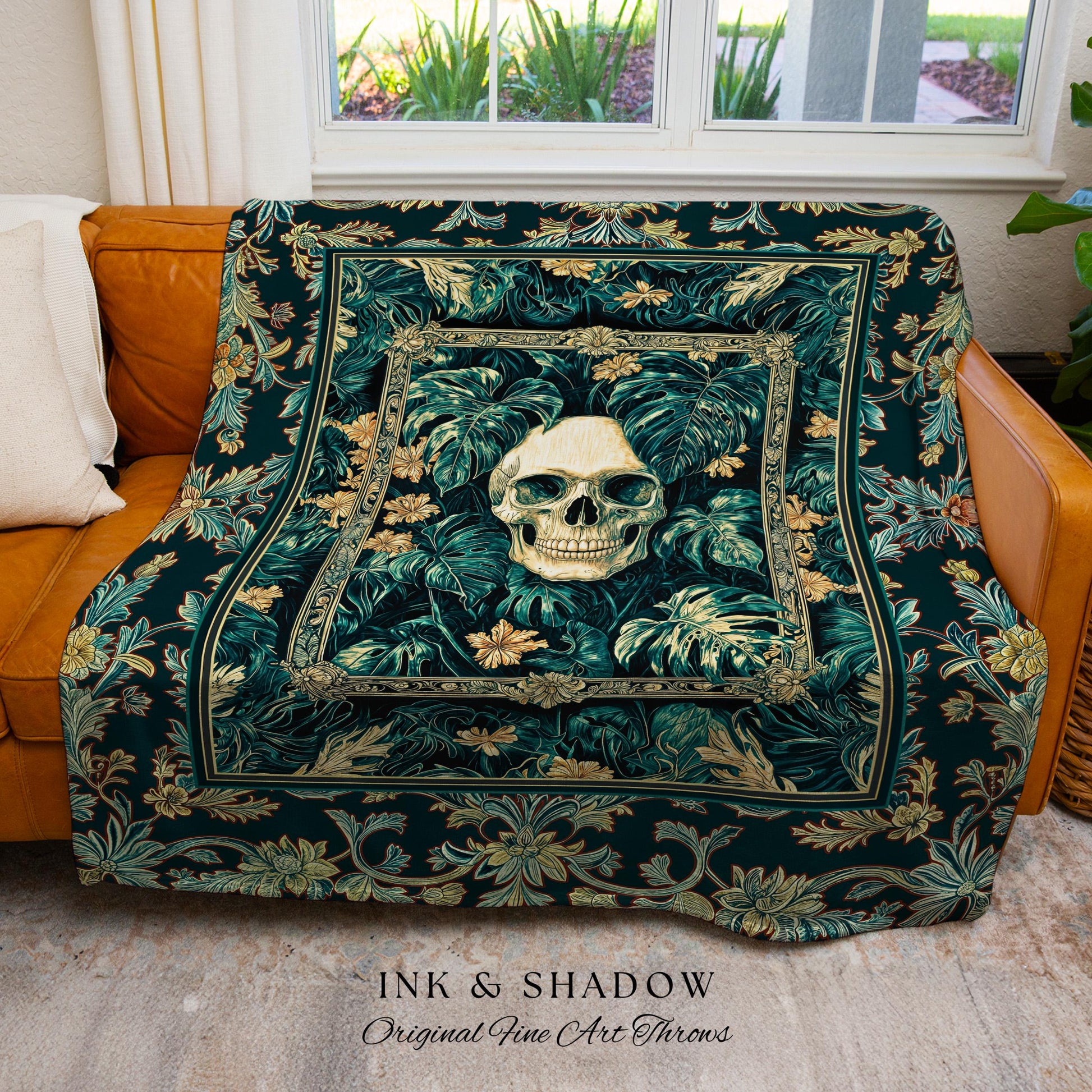 Dark Forest Ethereal Skull Blanket | Whimsical Academia Woven Throw Witchcore Halloween Decor Woven Tapestry Fall Vibes Macabre Aesthetic |