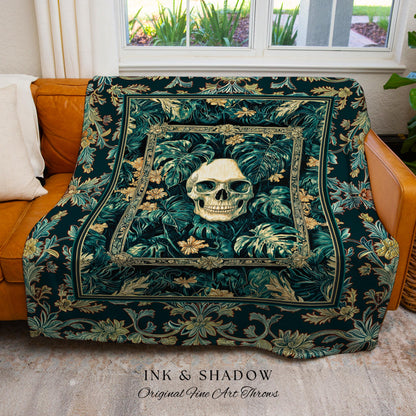 Dark Forest Ethereal Skull Blanket | Whimsical Academia Woven Throw Witchcore Halloween Decor Woven Tapestry Fall Vibes Macabre Aesthetic |