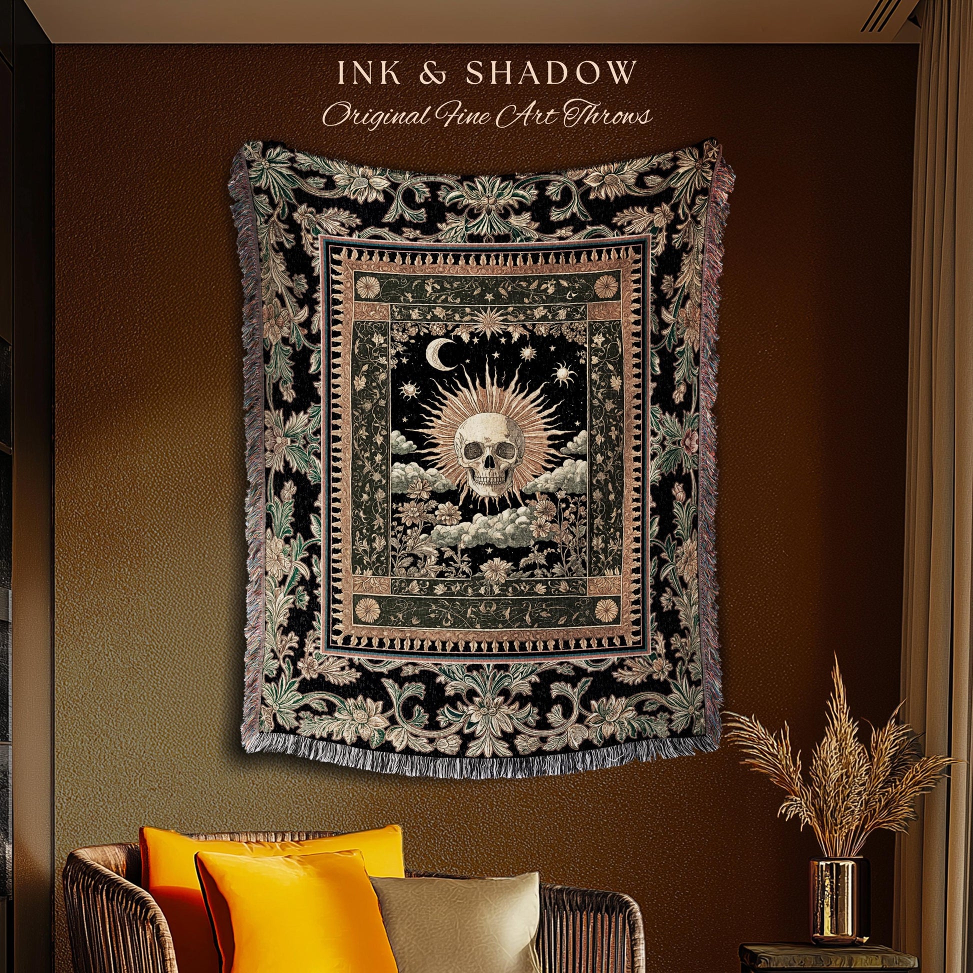 Bewitched Skeleton Witchy Tapestry Blanket | Retro Skull Woven Throw Macabre Decor Fall Witch Vibe Woven Whimsigoth Baroque Spooky Style |
