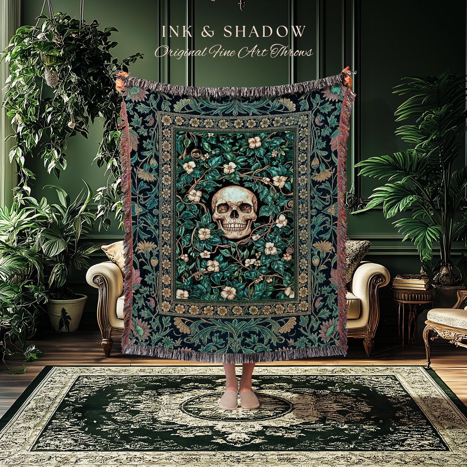 Wildflower Wilds Skull Woven Blanket | Botanical Macabre Wall Tapestry Gothic Aesthetic Wiccan Throw Witchy Tarot Skeleton Whimsigoth Decor