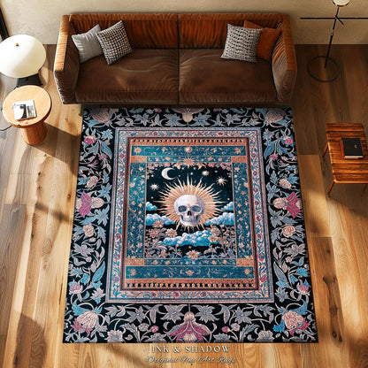 Retro Spooky Skull Tarot Bedroom Decor | Fall Aesthetic Accent Rug Gothiccore Cozy Dark Academia Vibe Whimsigoth Rustic Halloween Theme |