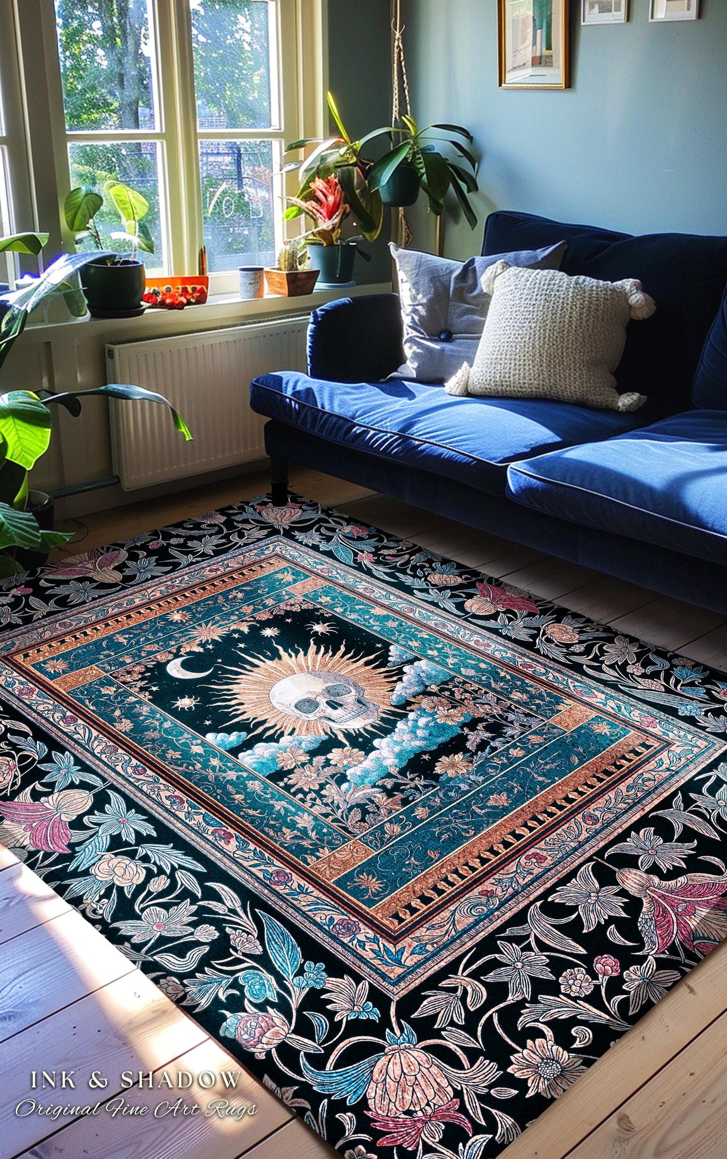 Retro Spooky Skull Tarot Bedroom Decor | Fall Aesthetic Accent Rug Gothiccore Cozy Dark Academia Vibe Whimsigoth Rustic Halloween Theme |