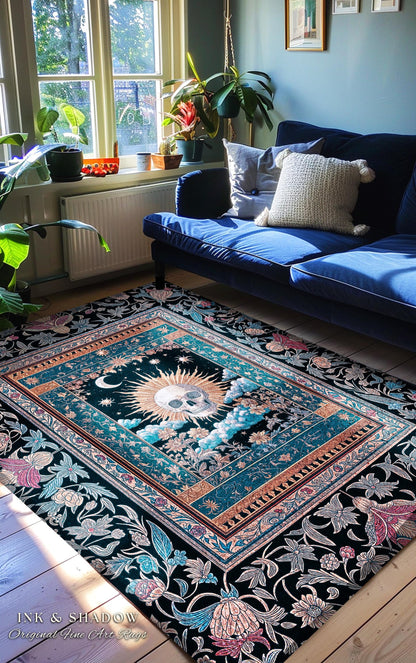 Retro Spooky Skull Tarot Bedroom Decor | Fall Aesthetic Accent Rug Gothiccore Cozy Dark Academia Vibe Whimsigoth Rustic Halloween Theme |