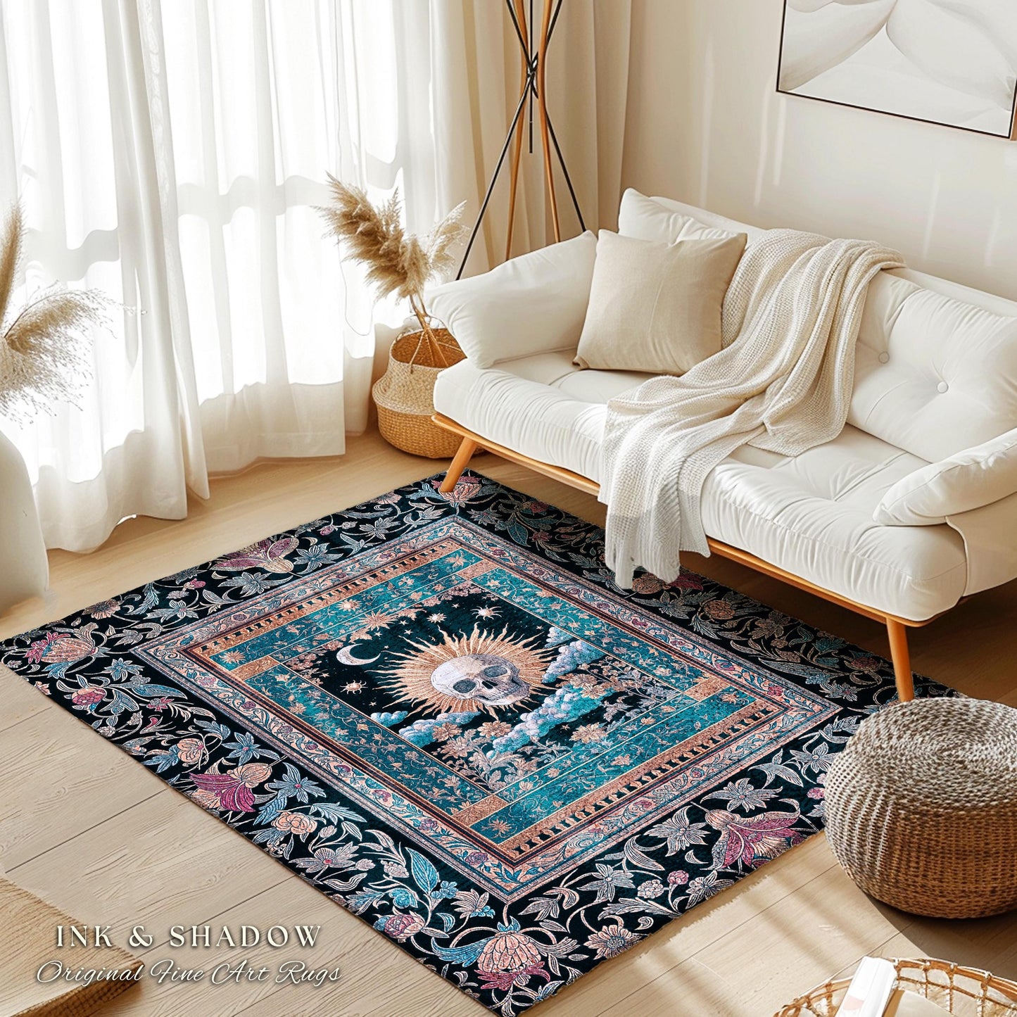 Retro Spooky Skull Tarot Bedroom Decor | Fall Aesthetic Accent Rug Gothiccore Cozy Dark Academia Vibe Whimsigoth Rustic Halloween Theme |