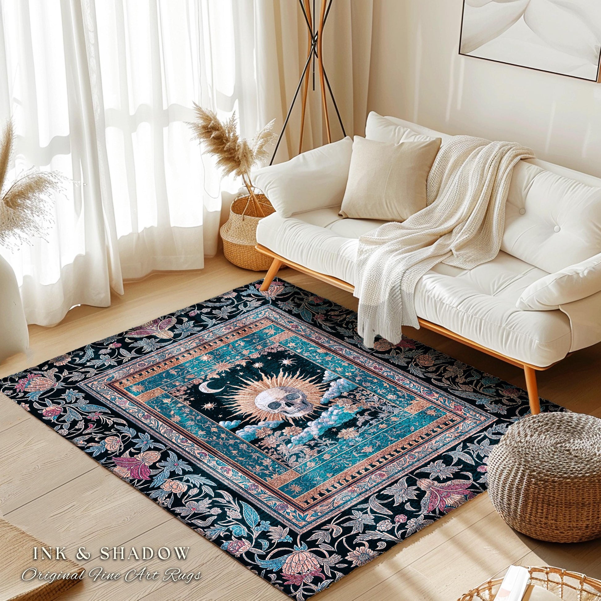 Retro Spooky Skull Tarot Bedroom Decor | Fall Aesthetic Accent Rug Gothiccore Cozy Dark Academia Vibe Whimsigoth Rustic Halloween Theme |