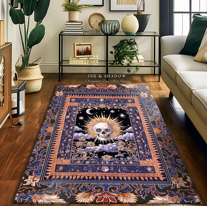 Macabre Witchy Pastel Skull Rug | Gothic Bedroom Skeleton Accent Spooky Aesthetic Dark Enchantment Baroque Whimsigoth Style Decor Celestial